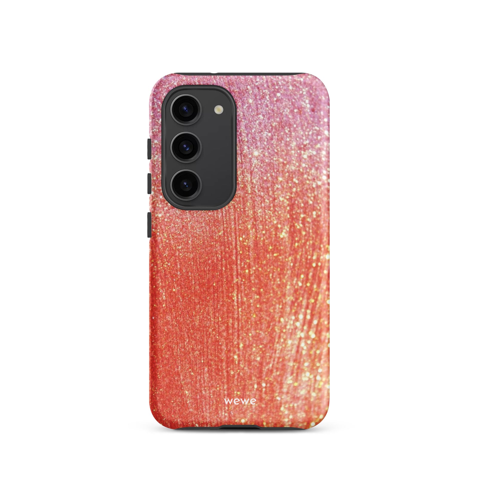 Custom samsung galaxy s23 Phone case with a sparkling rose gold glitter ombre design, fading from darker pink to lighter gold.