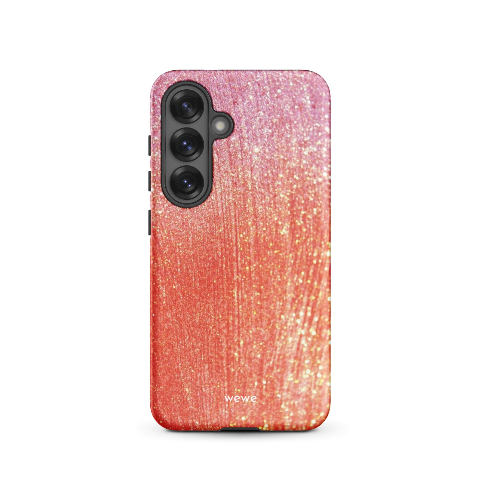 Custom samsung galaxy s25 Phone case with a sparkling rose gold glitter ombre design, fading from darker pink to lighter gold.