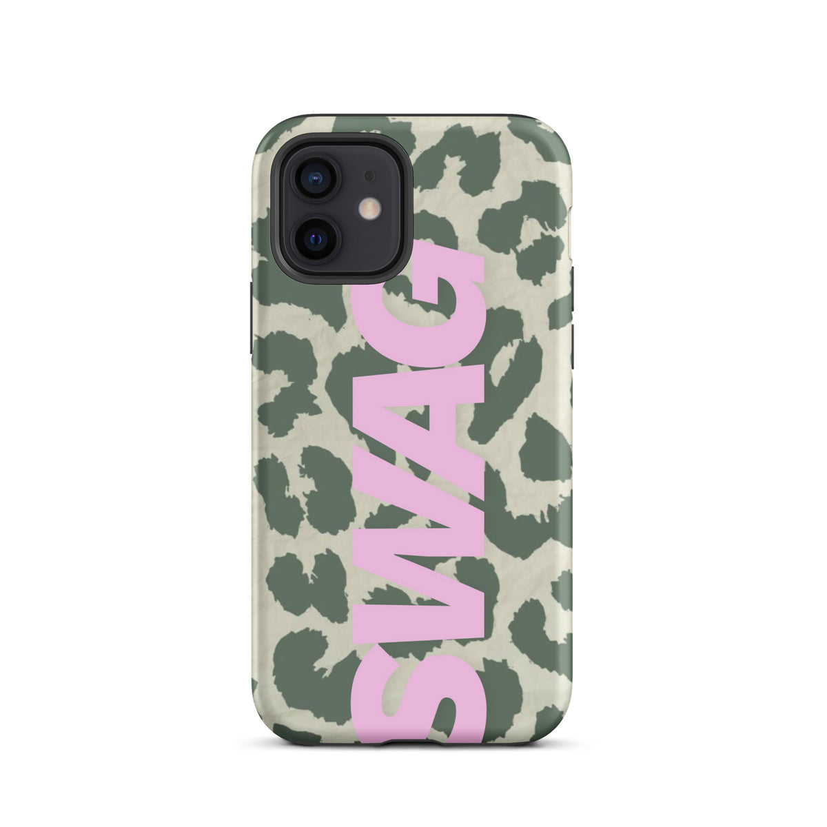 Phone case with sage green leopard print on warm cream and oversized pastel pink SWAG lettering