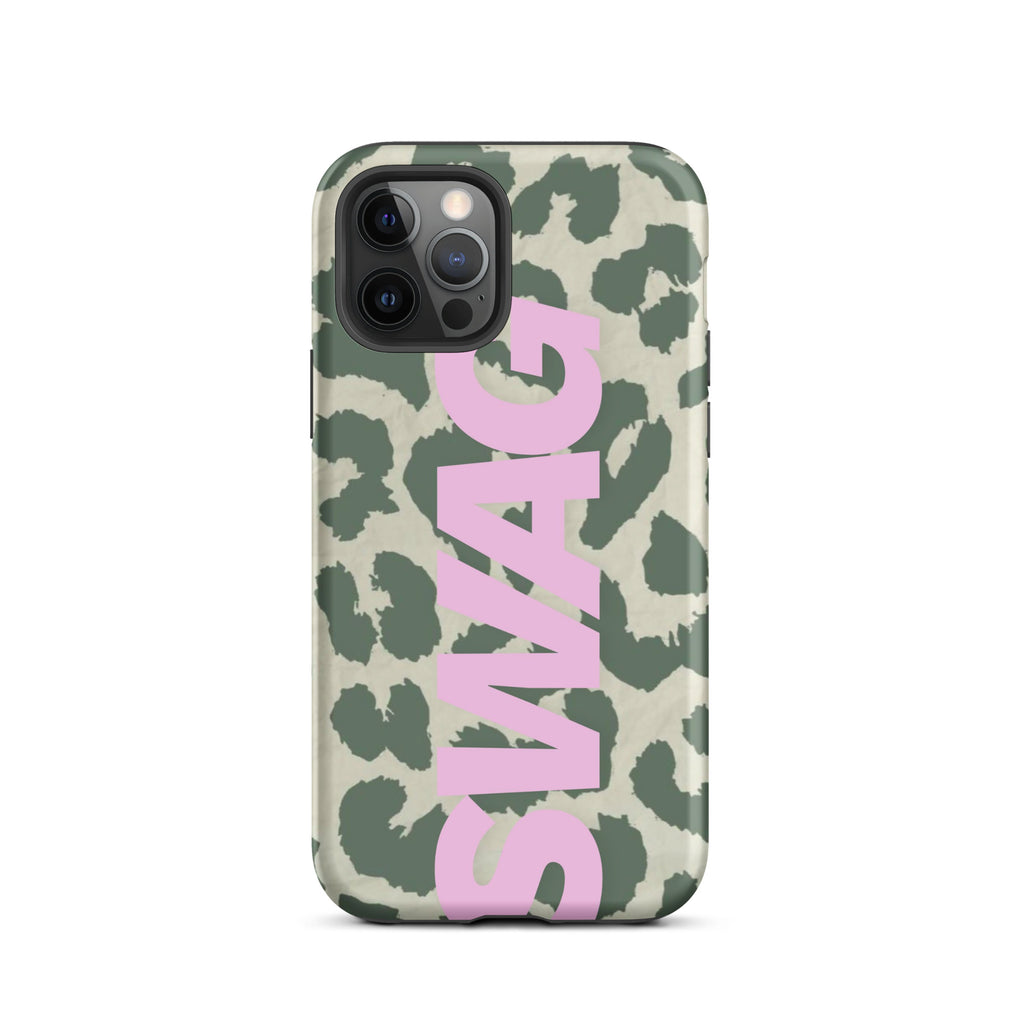 Phone case with sage green leopard print on warm cream and oversized pastel pink SWAG lettering