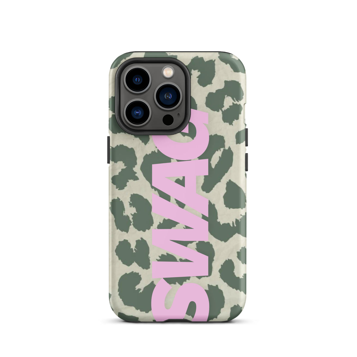 Phone case with sage green leopard print on warm cream and oversized pastel pink SWAG lettering