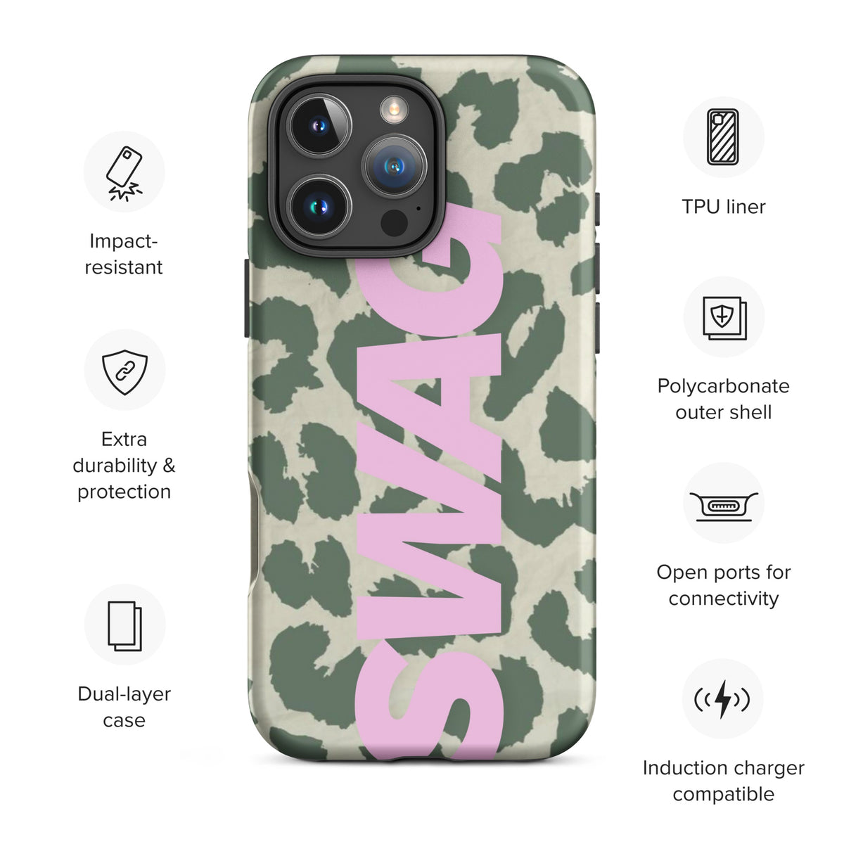 Phone case with sage green leopard print on warm cream and oversized pastel pink SWAG lettering