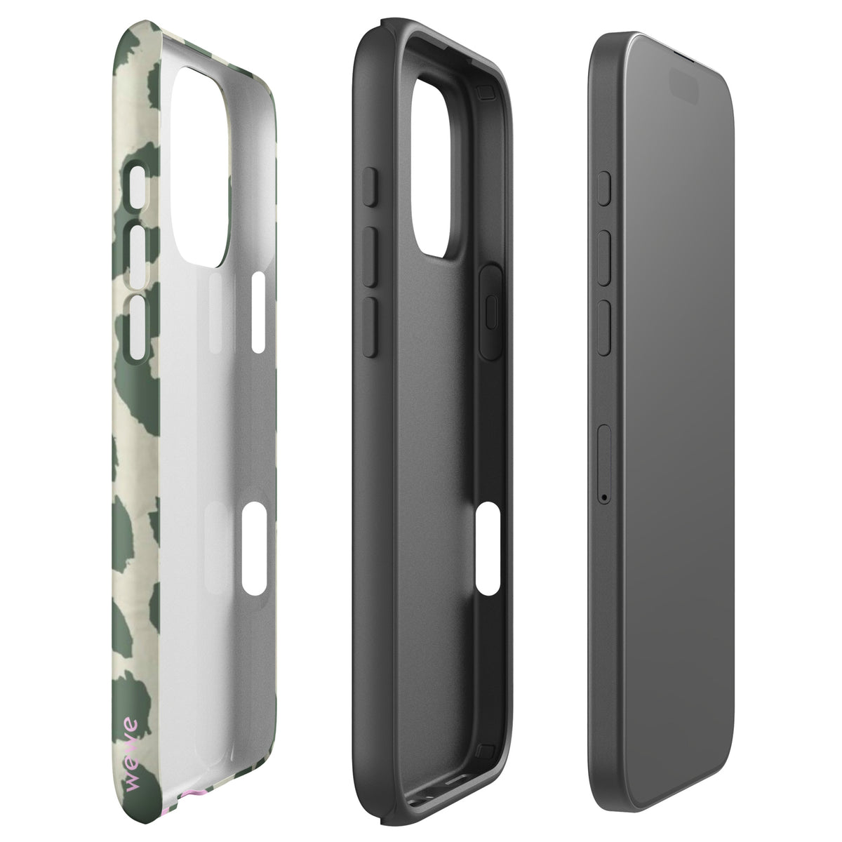 Phone case with sage green leopard print on warm cream and oversized pastel pink SWAG lettering