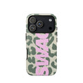 Phone case with sage green leopard print on warm cream and oversized pastel pink SWAG lettering