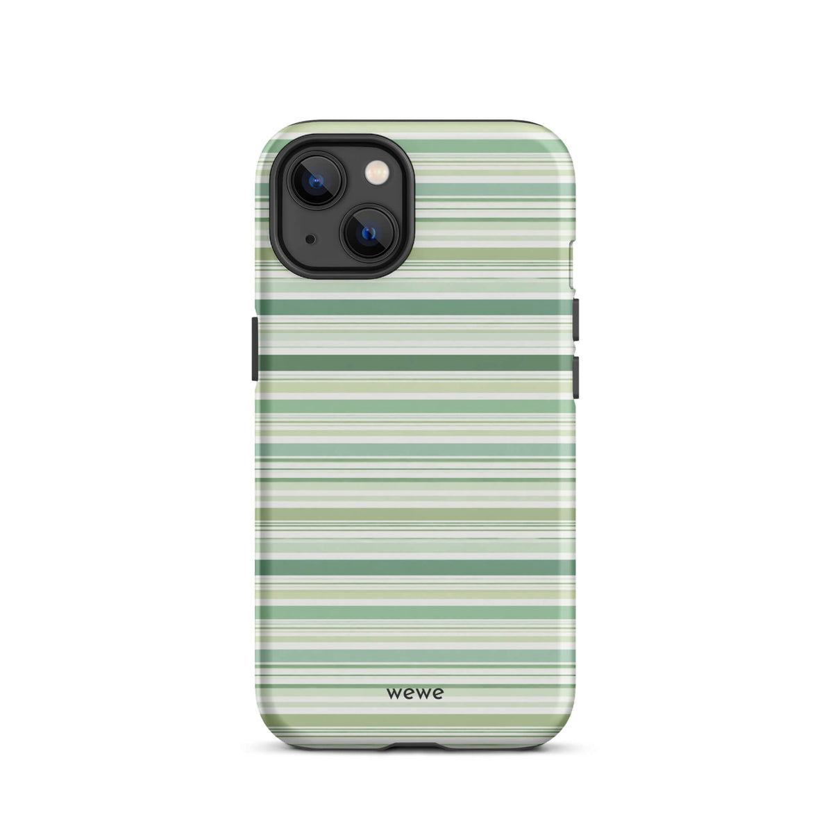 Sage-green iPhone case with mixed-width cream and white horizontal stripes