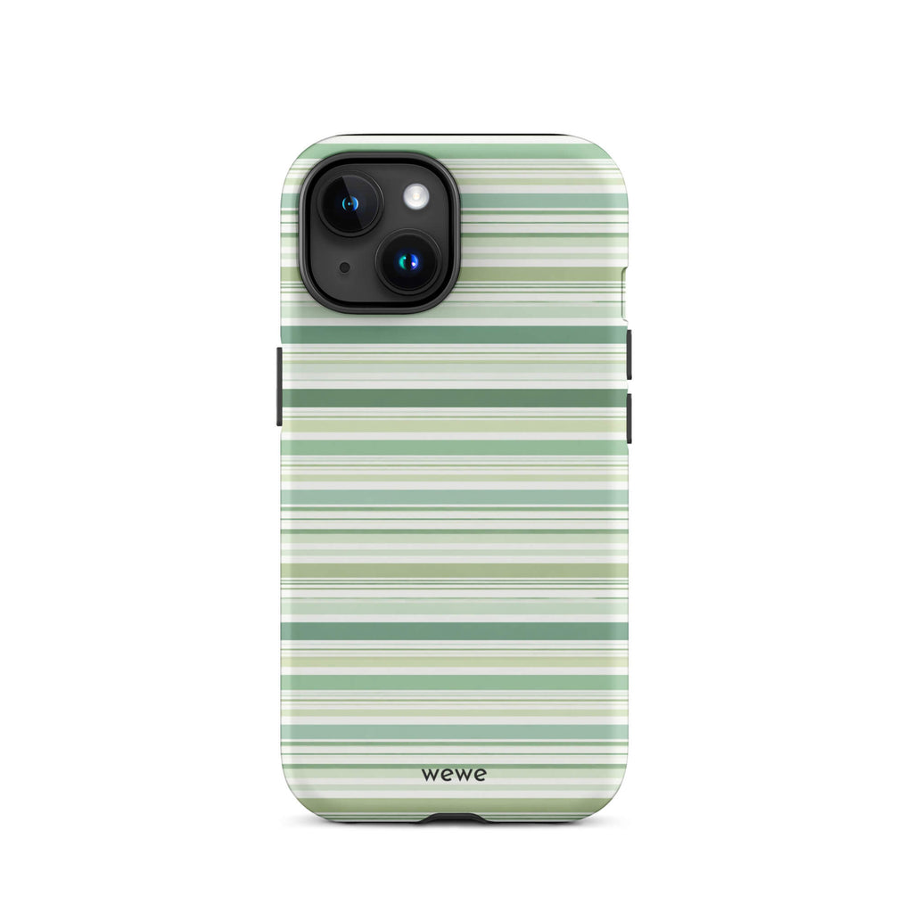 Sage-green iPhone case with mixed-width cream and white horizontal stripes