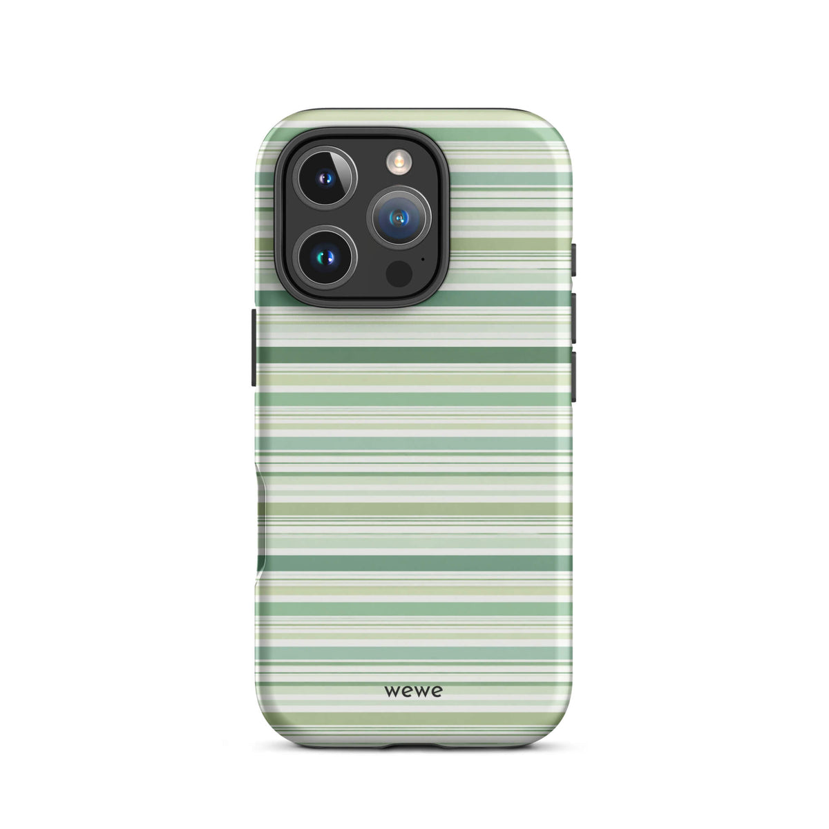 Sage-green iPhone case with mixed-width cream and white horizontal stripes