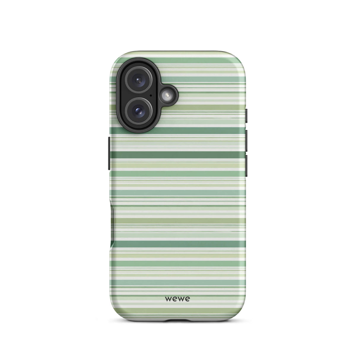 Sage-green iPhone case with mixed-width cream and white horizontal stripes