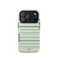 Sage-green iPhone case with mixed-width cream and white horizontal stripes