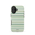 Sage-green iPhone case with mixed-width cream and white horizontal stripes