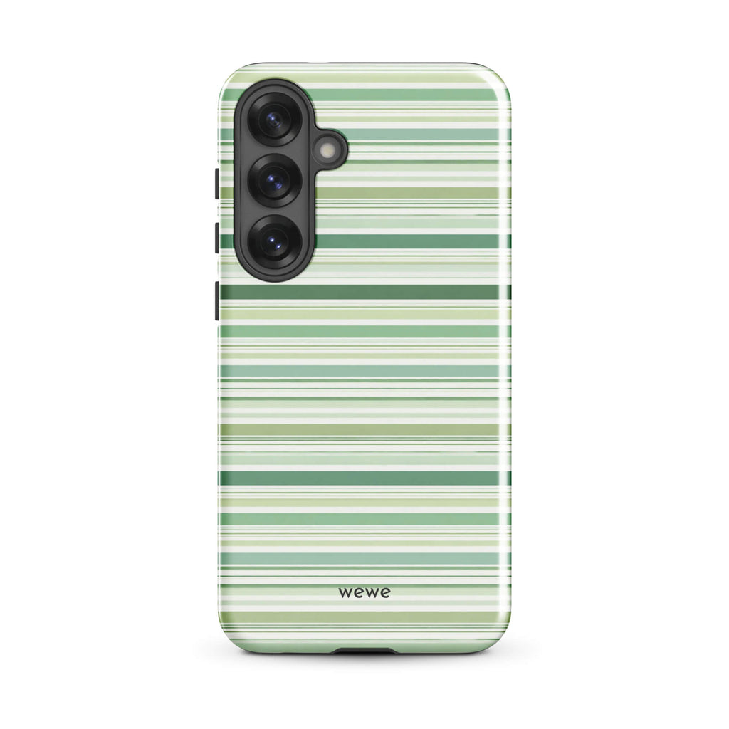 Sage-green iPhone case with mixed-width cream and white horizontal stripes