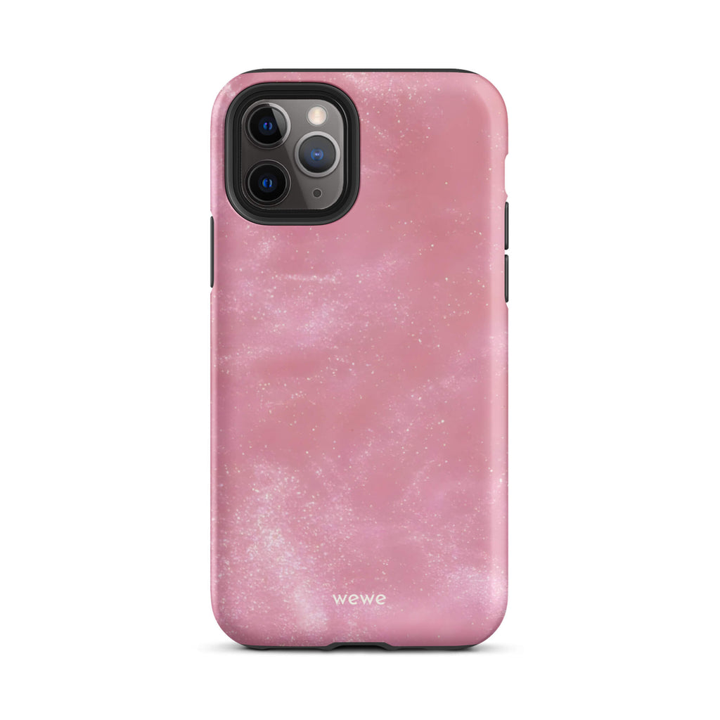 Custom iPhone case 11 pro with a glossy, light pink star dust-like pattern with subtle white shimmer.