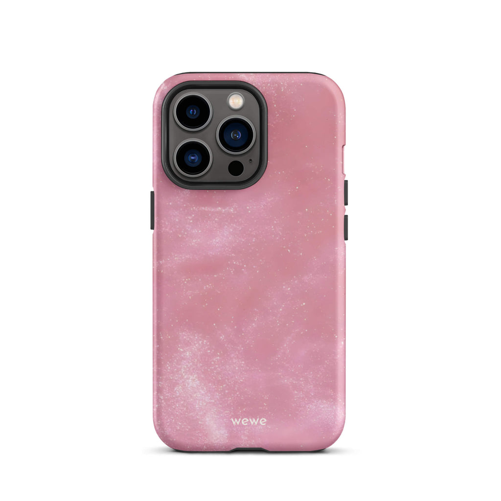 Custom iPhone case 13 pro with a glossy, light pink star dust-like pattern with subtle white shimmer.