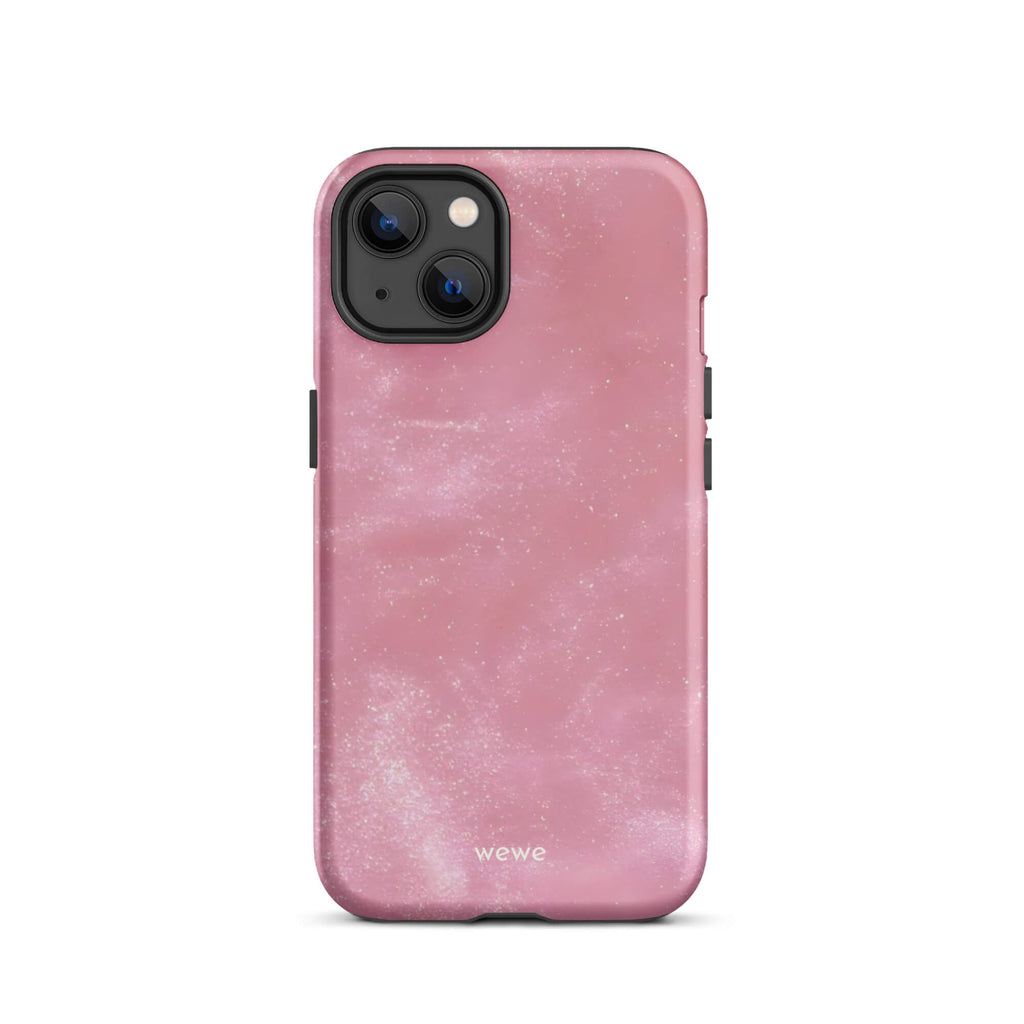 Custom iPhone case 13 with a glossy, light pink star dust-like pattern with subtle white shimmer.