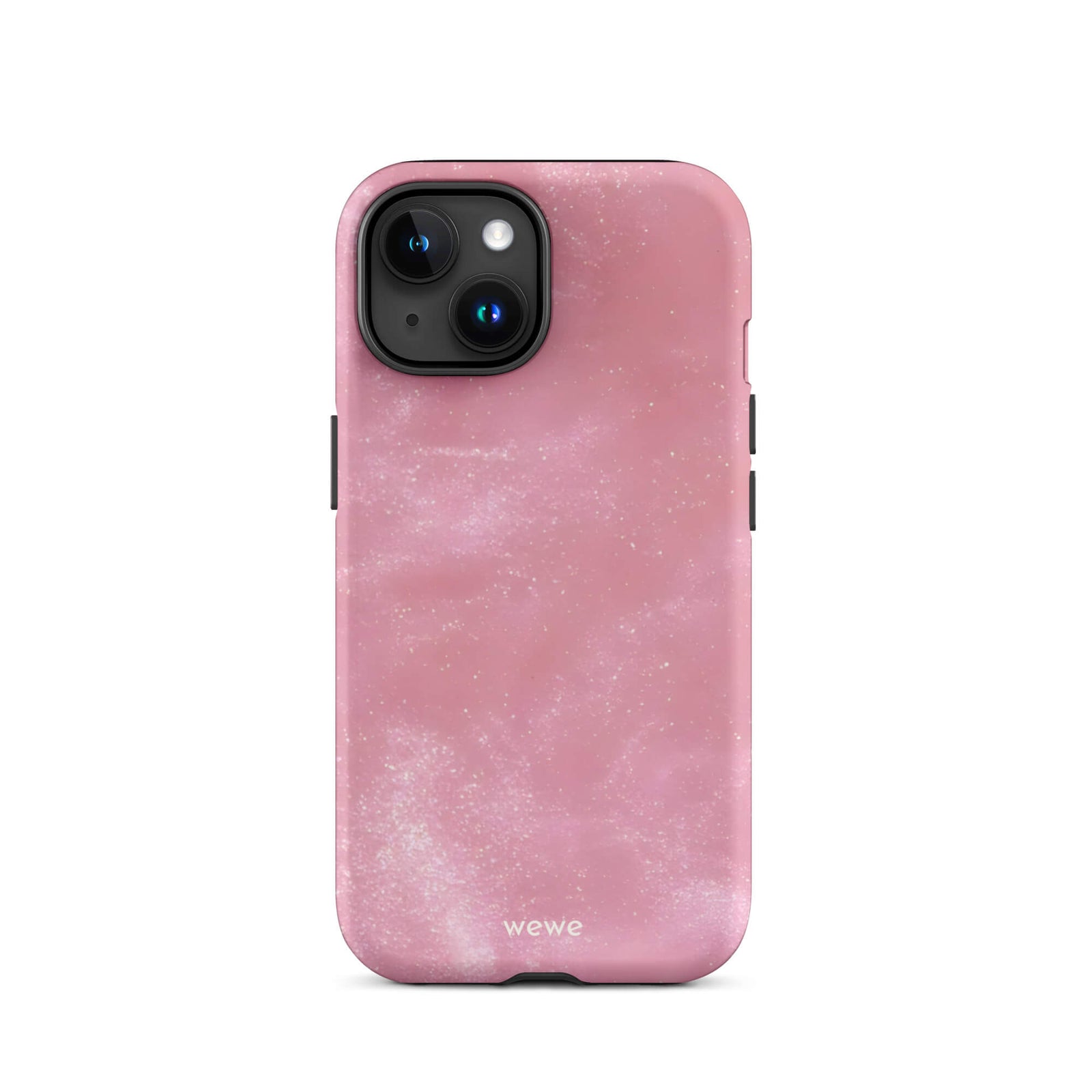 Custom iPhone case 15 pro with a glossy, light pink star dust-like pattern with subtle white shimmer.