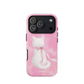 Sparkle-pink iPhone case with a white cat illustration and flowing pink bow