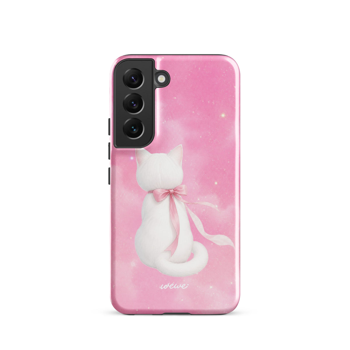 Sparkle-pink iPhone case with a white cat illustration and flowing pink bow