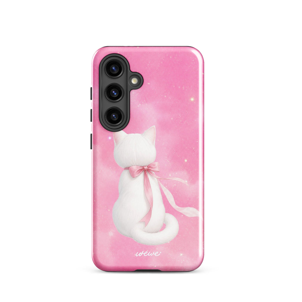 Sparkle-pink iPhone case with a white cat illustration and flowing pink bow