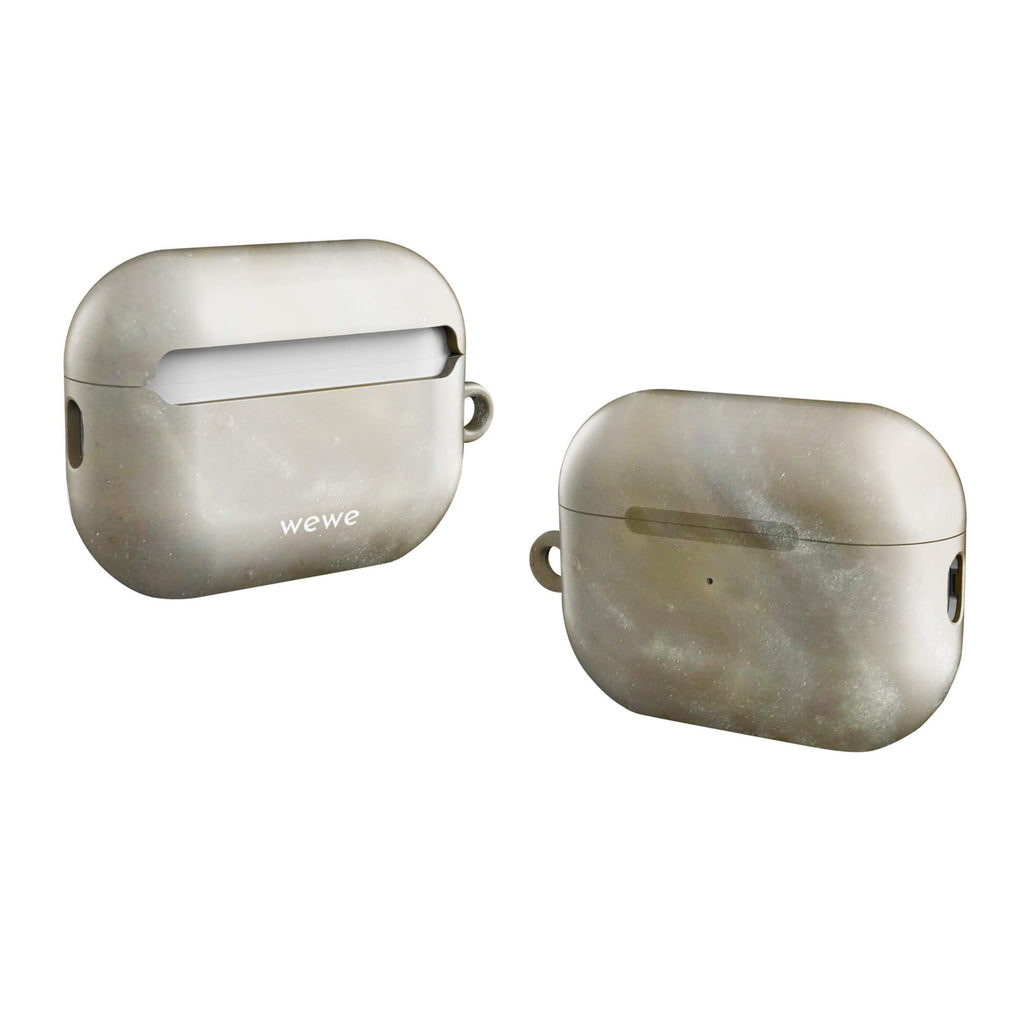 Custom airpods case pro gen2 with a a soft, iridescent, swirling light beige and grey pattern resembling mother of pearl or abalone shell.