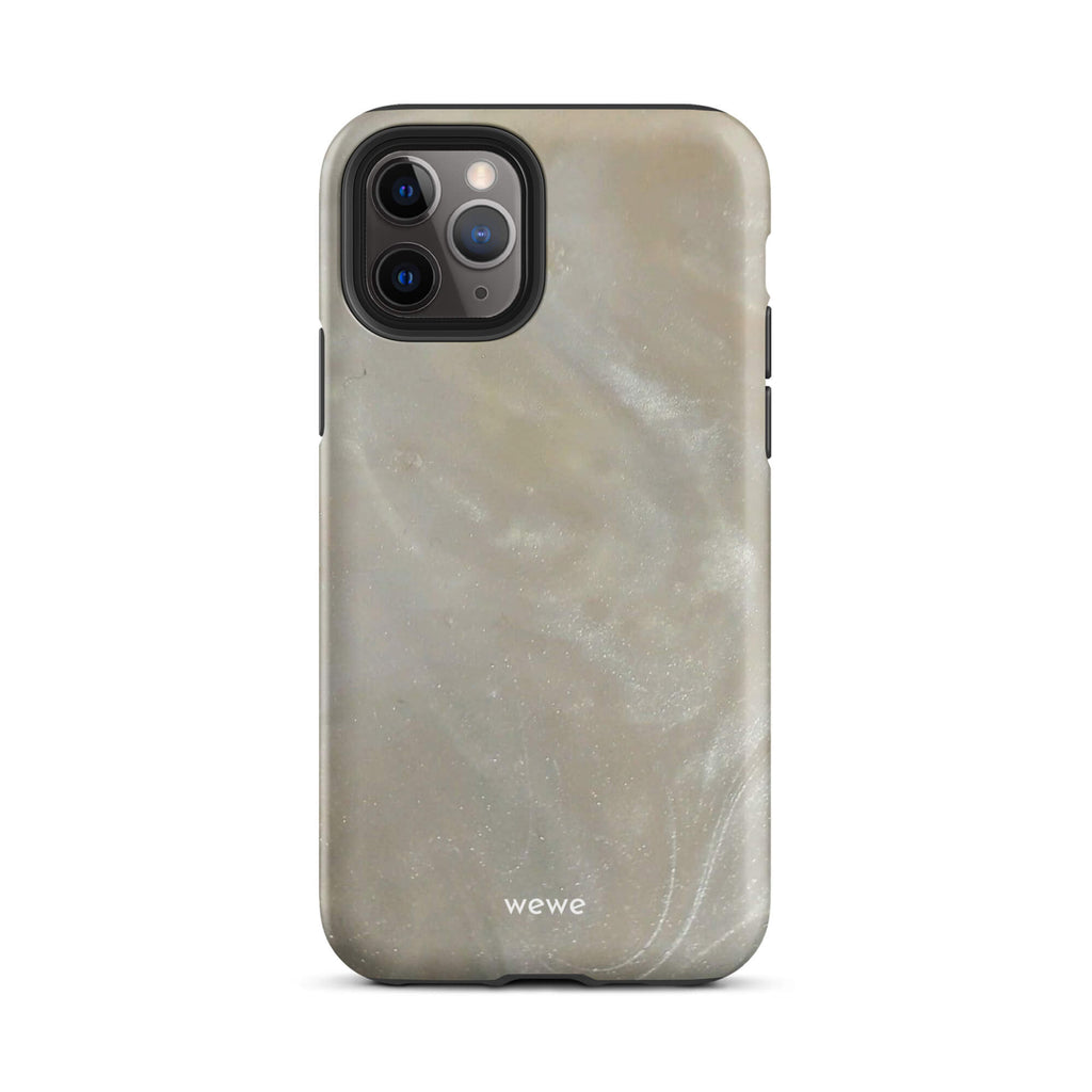 Custom iPhone case 11 pro with a a soft, iridescent, swirling light beige and grey pattern resembling mother of pearl or abalone shell.
