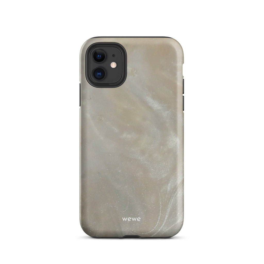 Custom iPhone case 11 with a a soft, iridescent, swirling light beige and grey pattern resembling mother of pearl or abalone shell.