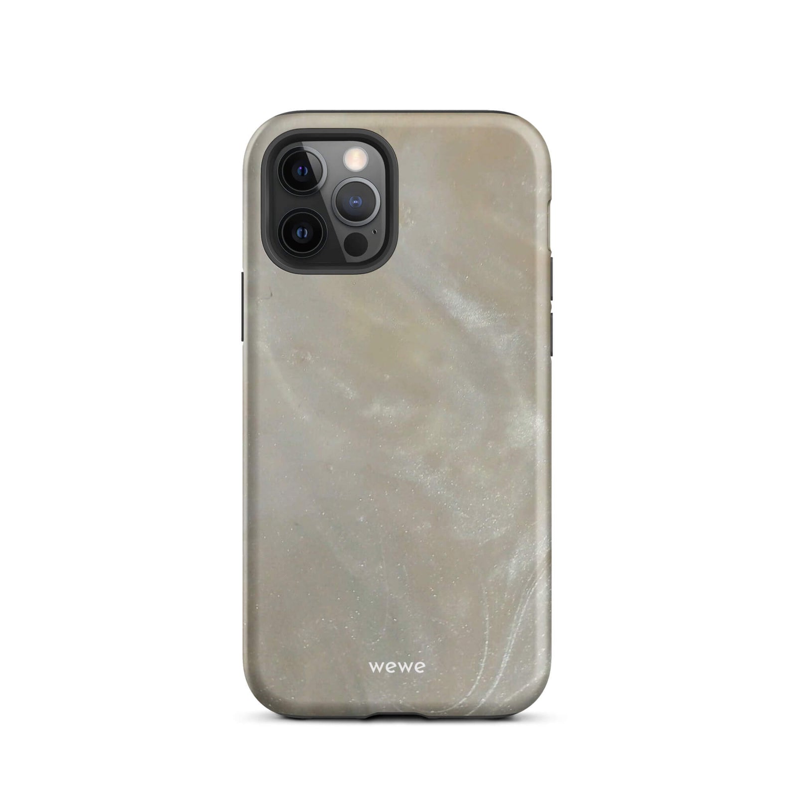 Custom iPhone case 12 pro with a a soft, iridescent, swirling light beige and grey pattern resembling mother of pearl or abalone shell.