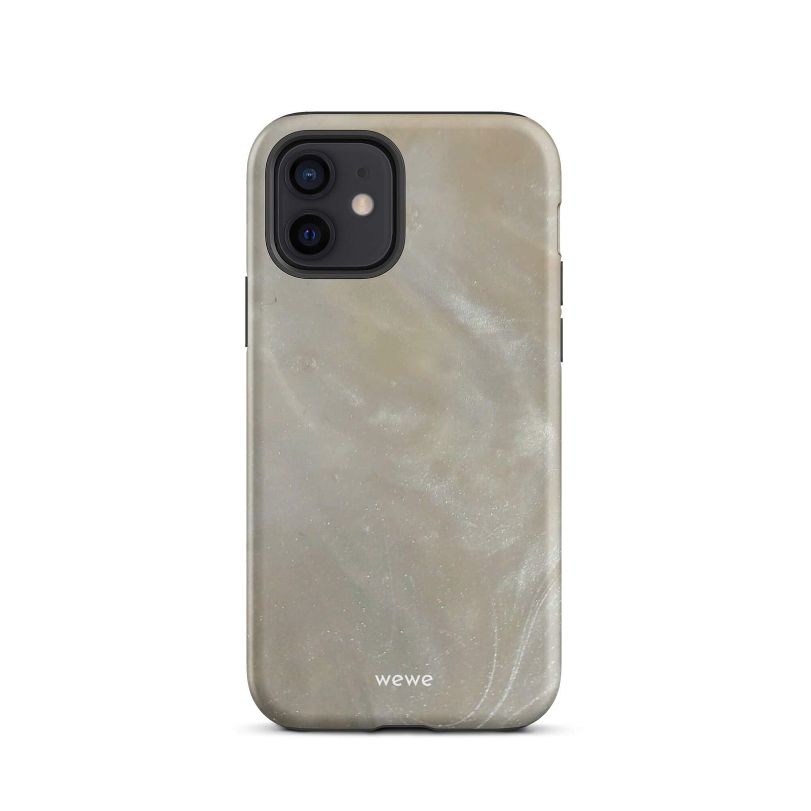 Custom iPhone case 12 with a a soft, iridescent, swirling light beige and grey pattern resembling mother of pearl or abalone shell.