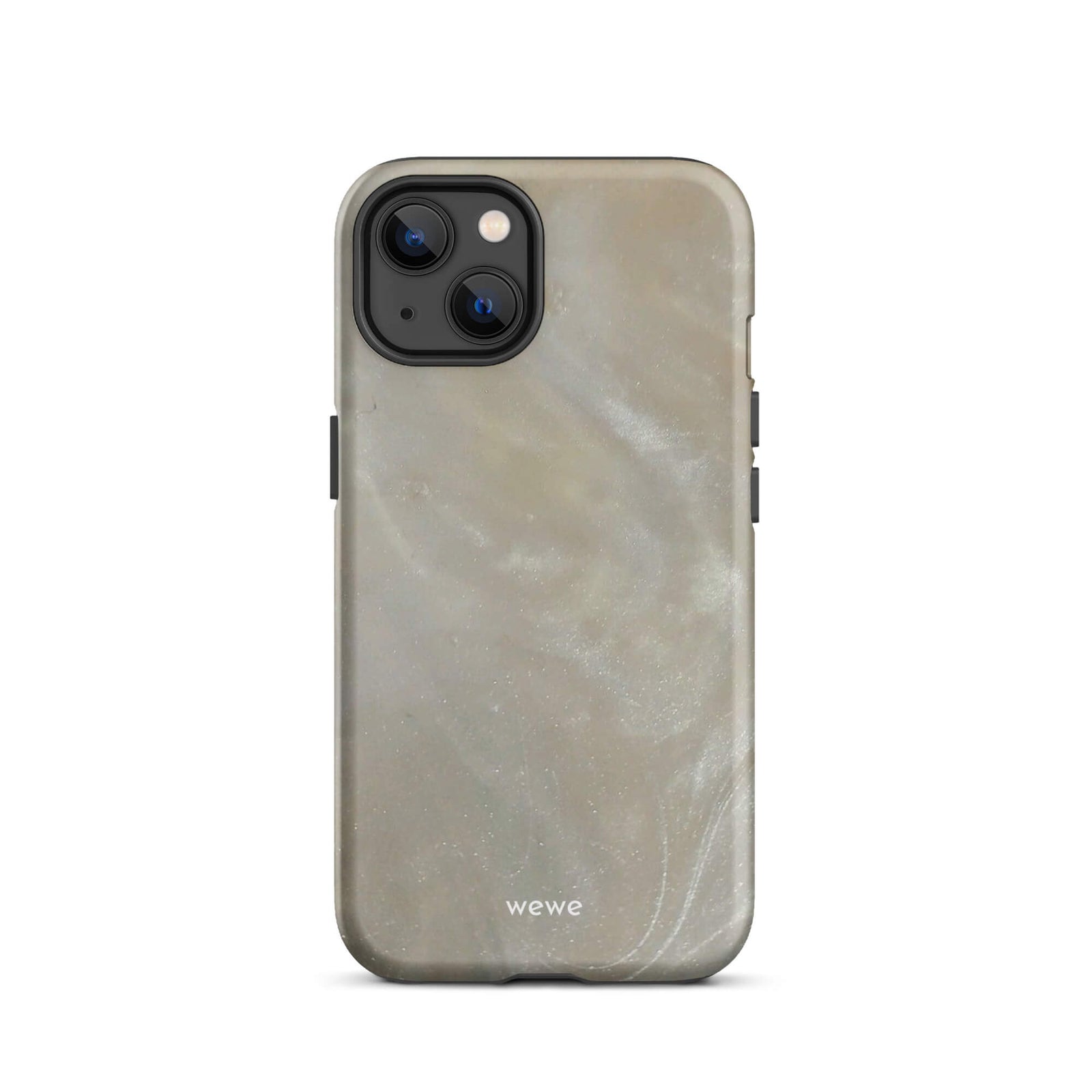 Custom iPhone case 13 with a a soft, iridescent, swirling light beige and grey pattern resembling mother of pearl or abalone shell.