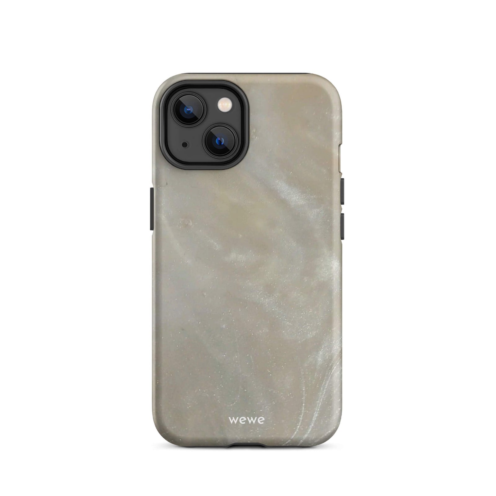 Custom iPhone case 14 with a a soft, iridescent, swirling light beige and grey pattern resembling mother of pearl or abalone shell.