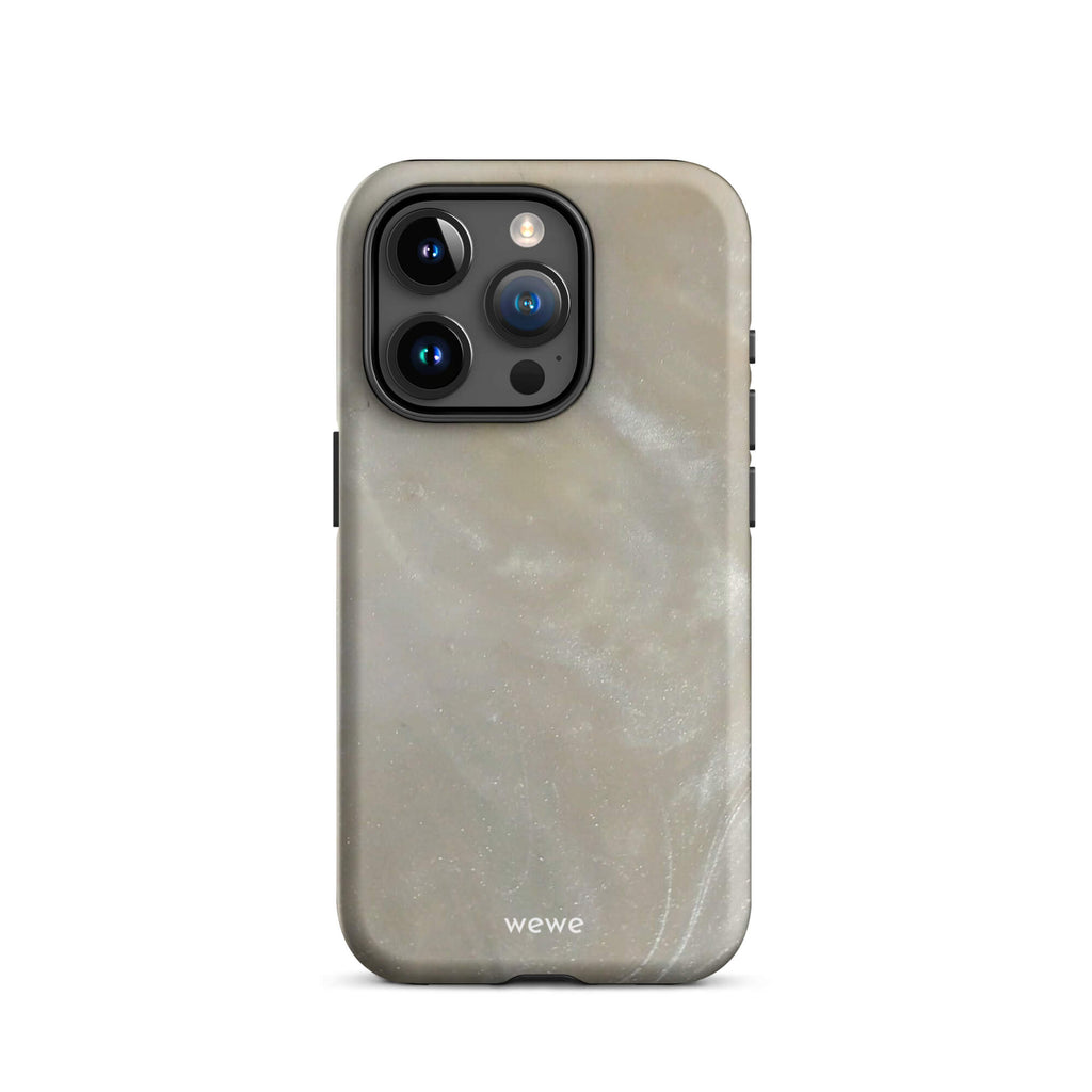 Custom iPhone case 15 pro with a a soft, iridescent, swirling light beige and grey pattern resembling mother of pearl or abalone shell.