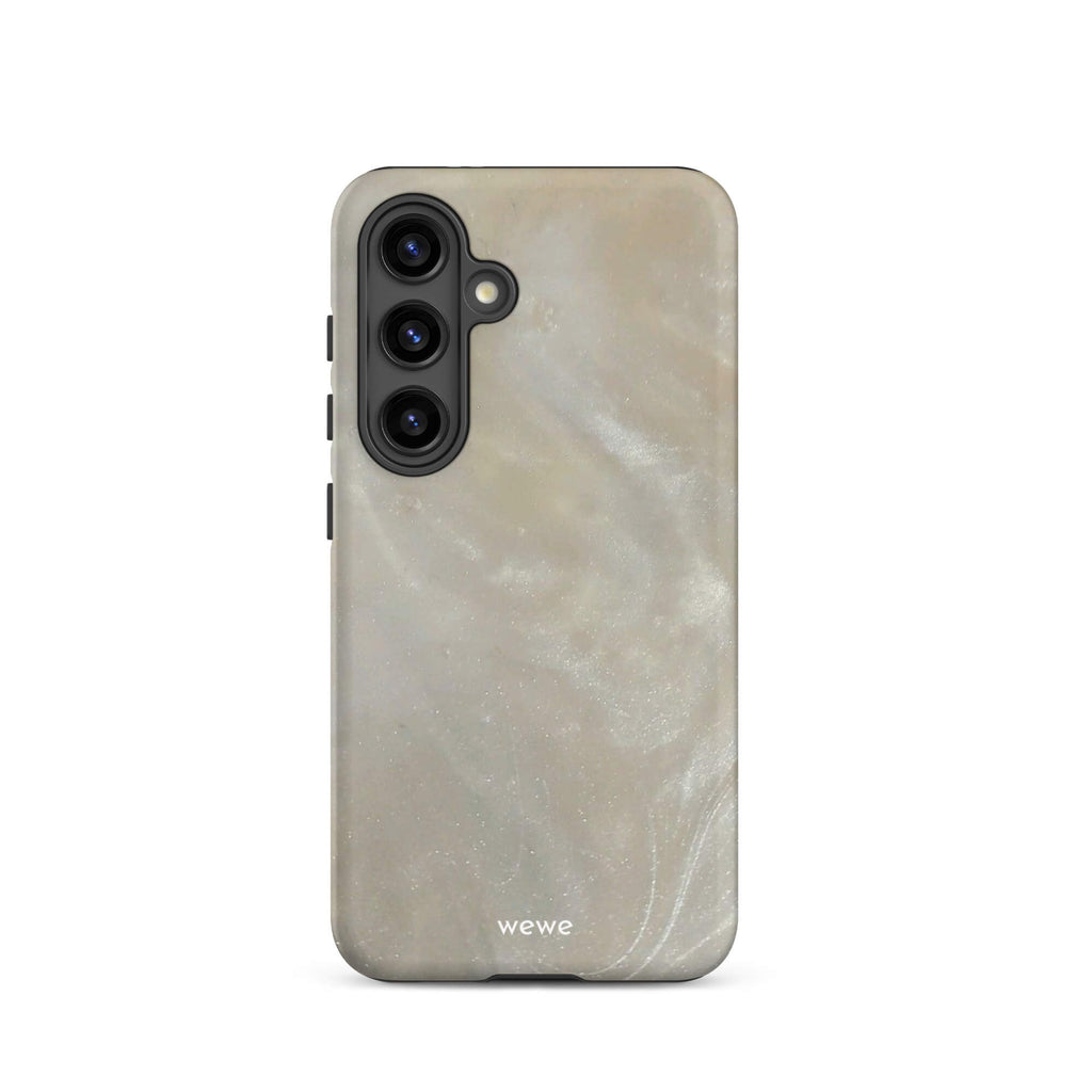 Custom samsung galaxy s24 with a a soft, iridescent, swirling light beige and grey pattern resembling mother of pearl or abalone shell.