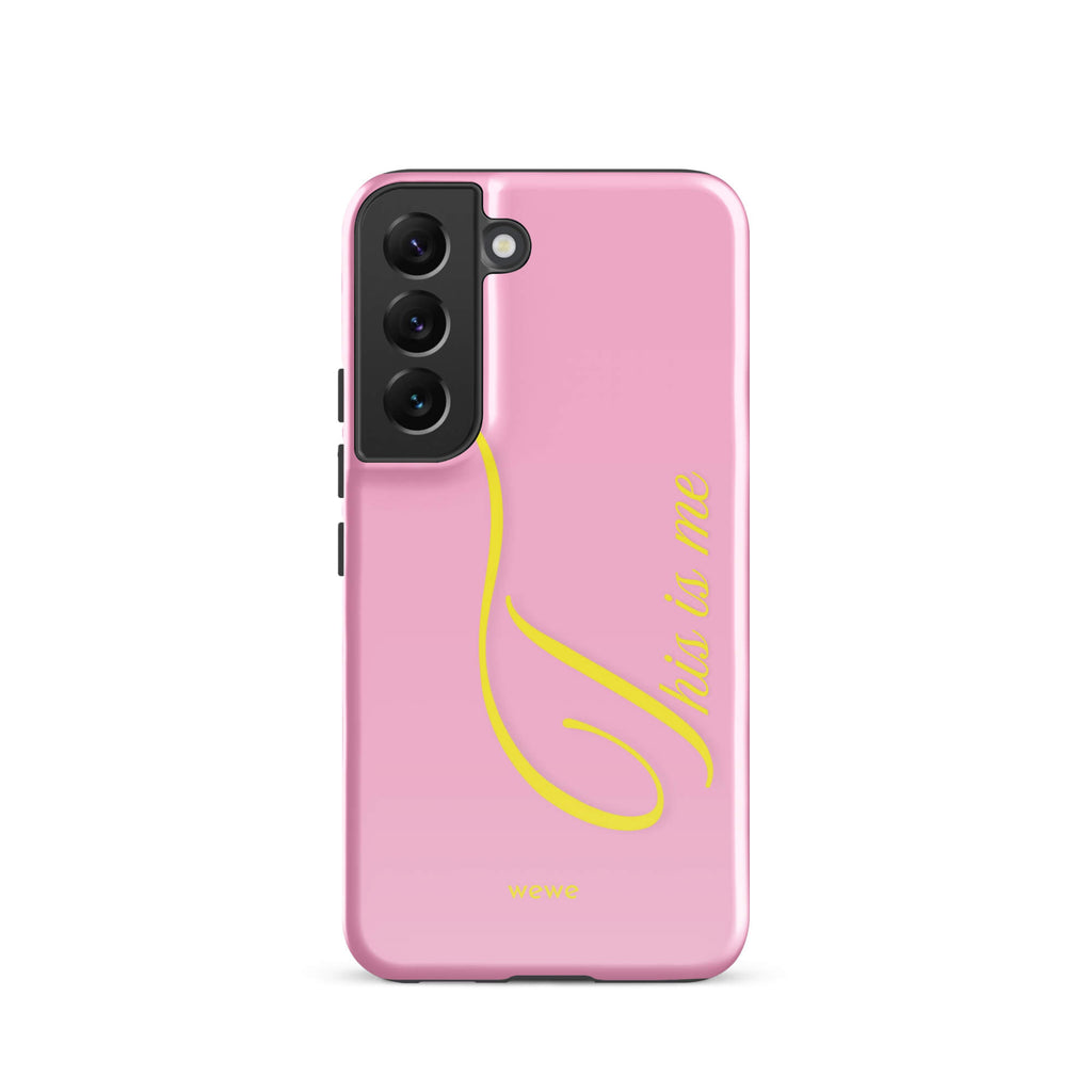Bubblegum pink phone case with yellow This is me script
