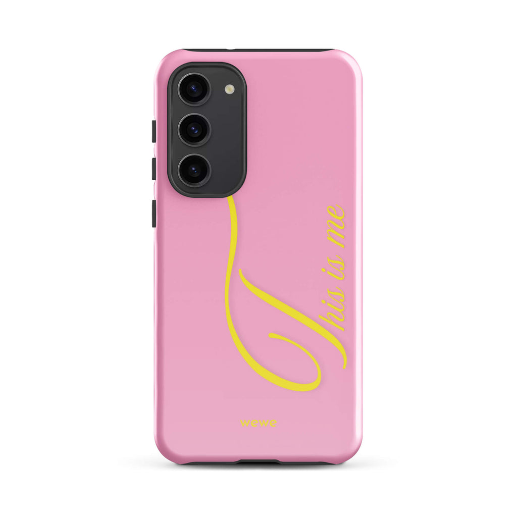 Bubblegum pink phone case with yellow This is me script