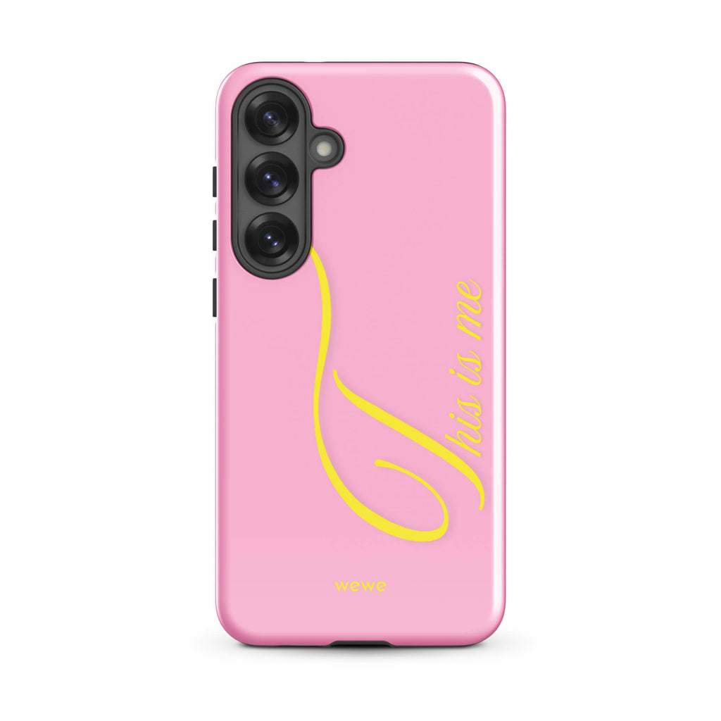 Bubblegum pink phone case with yellow This is me script