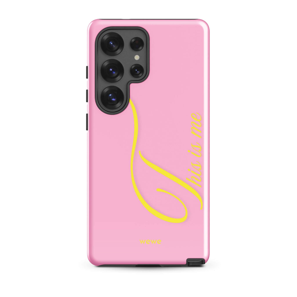 Bubblegum pink phone case with yellow This is me script