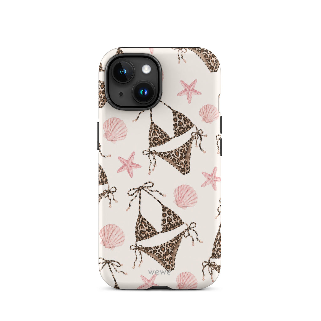 Leopard Bikini Beach Phone Case featuring brown animal-print bikinis, blush pink seashells and starfish on a cream background