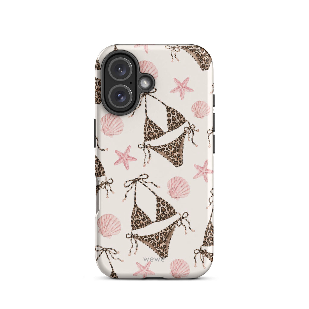 Leopard Bikini Beach Phone Case featuring brown animal-print bikinis, blush pink seashells and starfish on a cream background