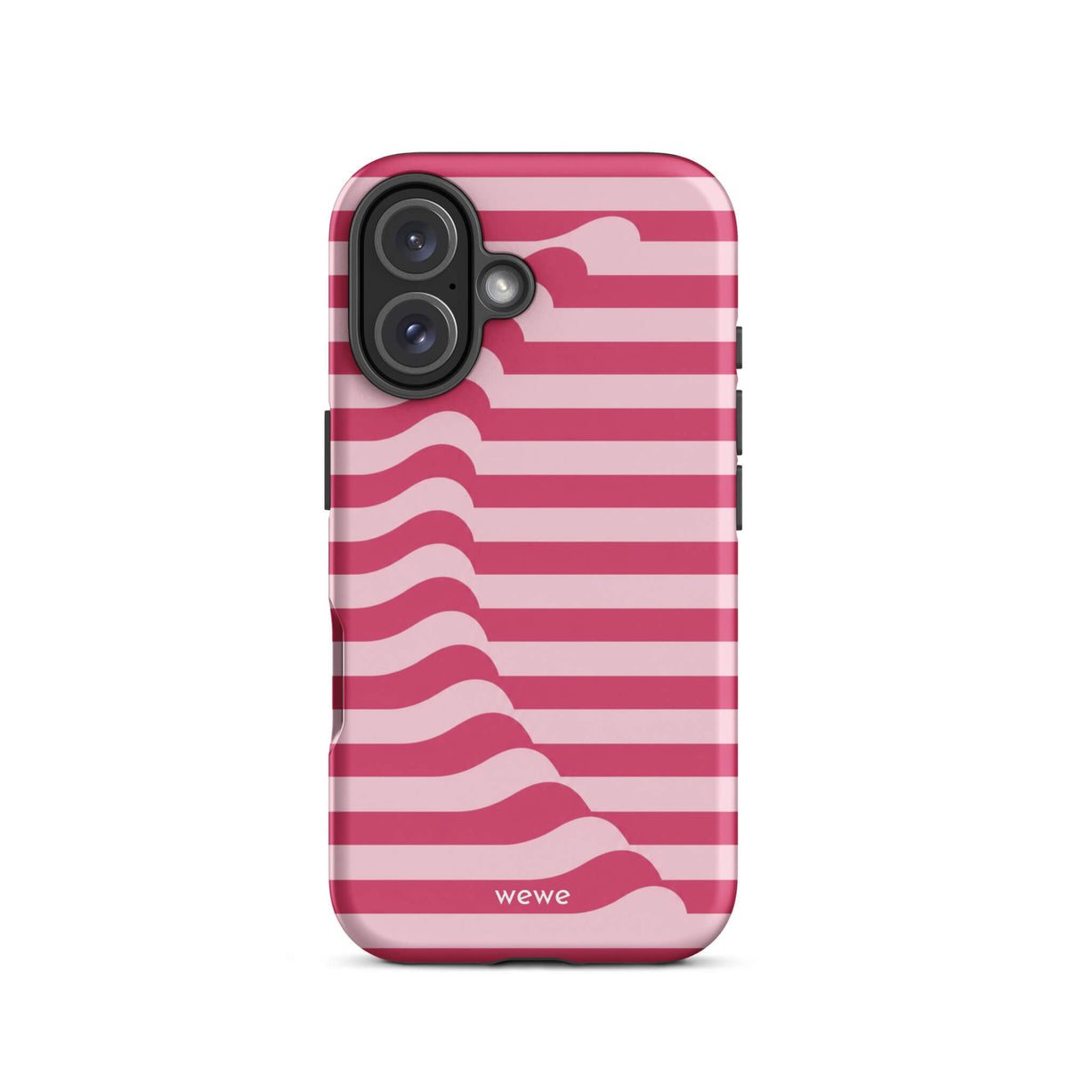 Berry-pink and blush-pink iPhone case with horizontal stripes joined by a flowing diagonal wave