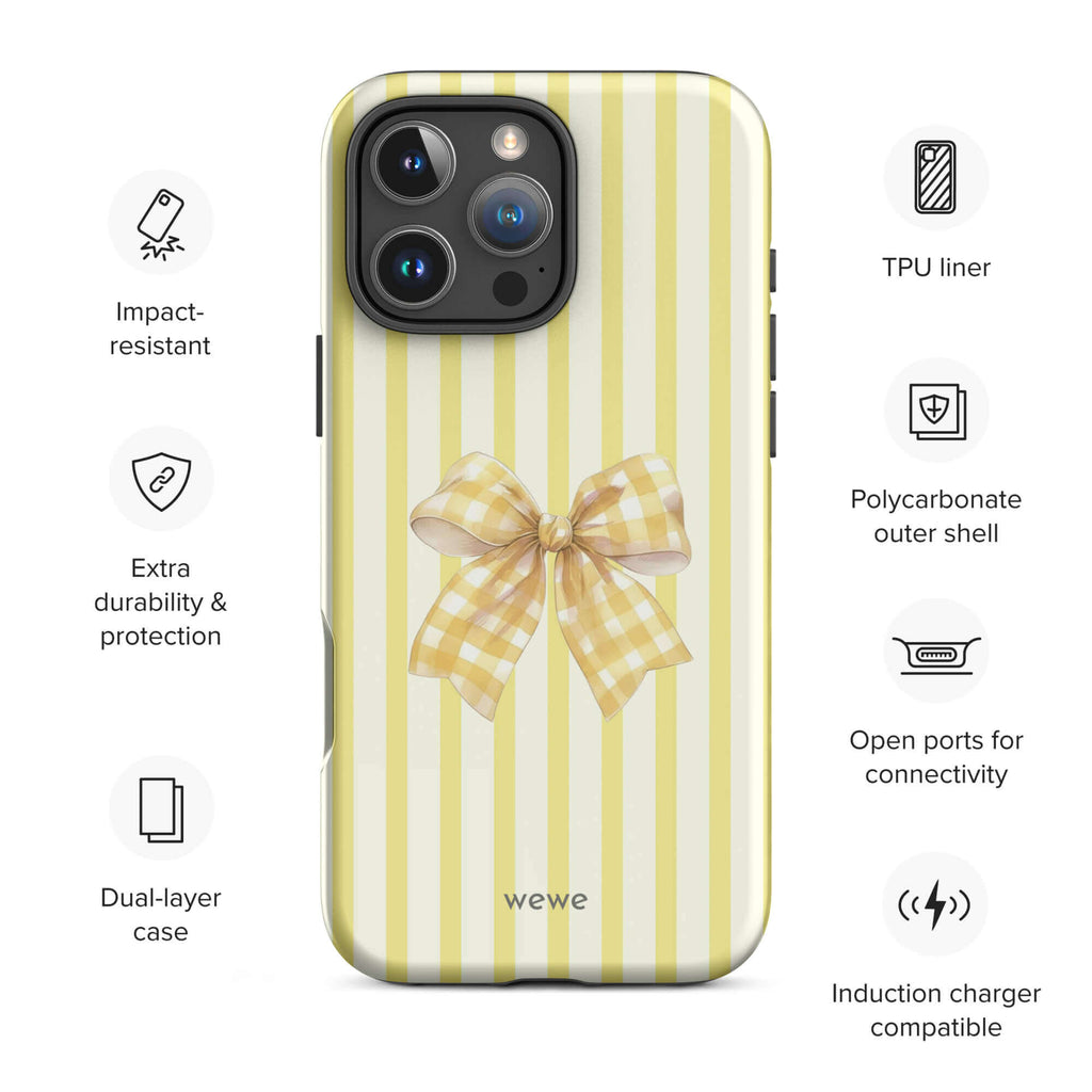 Butter yellow Gingham Bow Stripe iPhone 16 Pro case