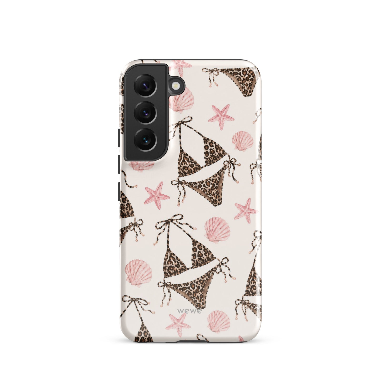 Leopard Bikini Beach Phone Case featuring brown animal-print bikinis, blush pink seashells and starfish on a cream background