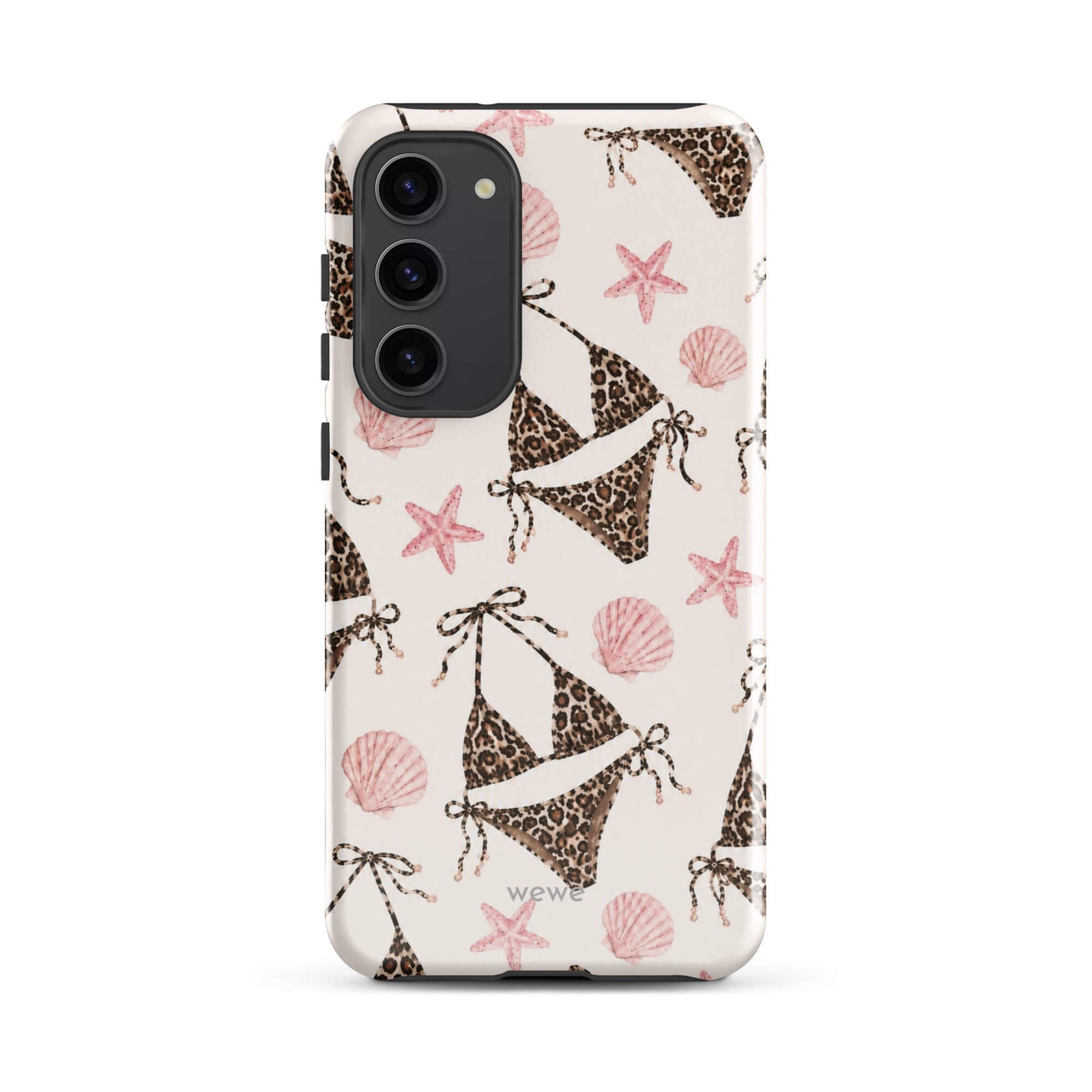 Leopard Bikini Beach Phone Case featuring brown animal-print bikinis, blush pink seashells and starfish on a cream background