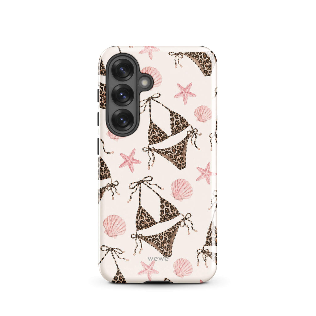 Leopard Bikini Beach Phone Case featuring brown animal-print bikinis, blush pink seashells and starfish on a cream background