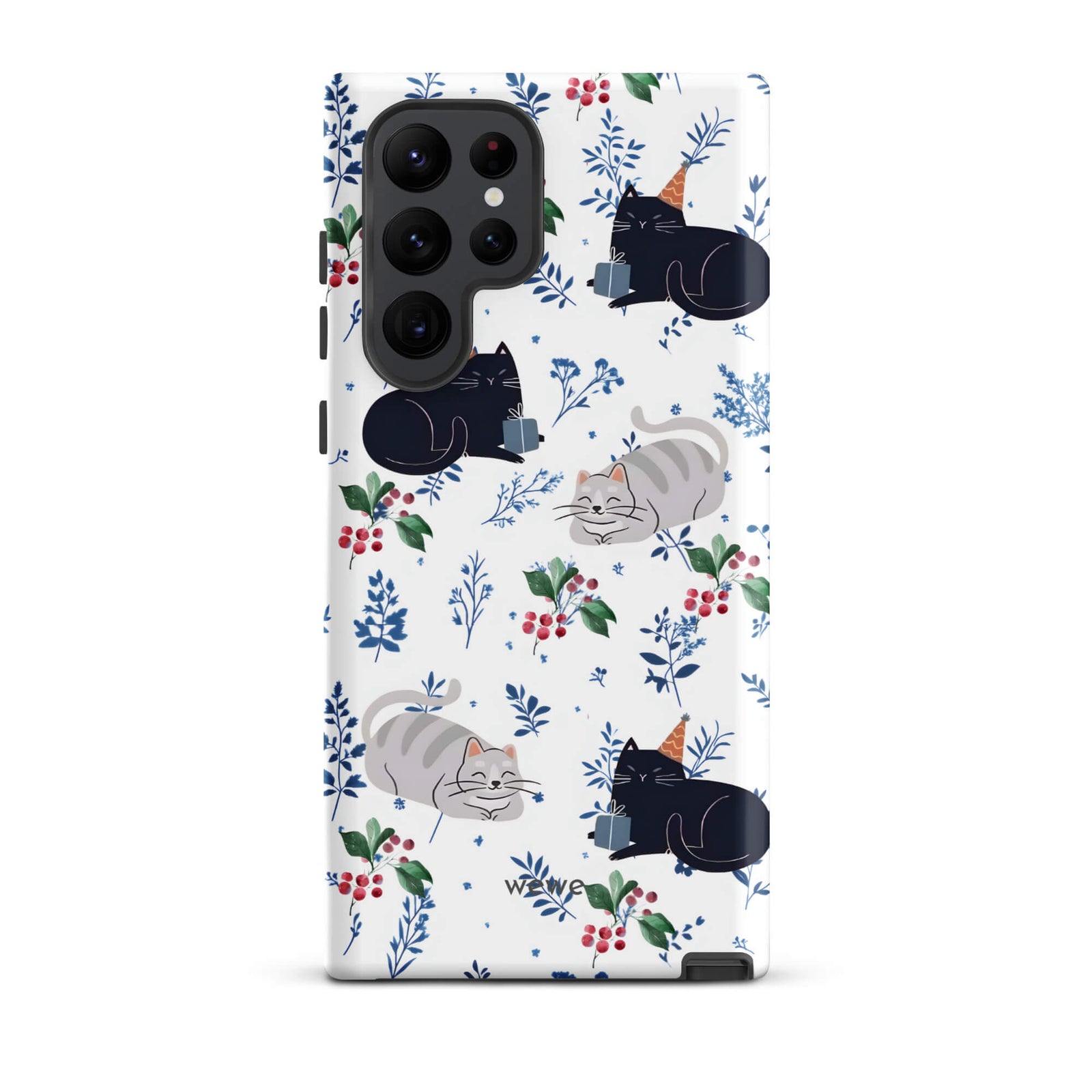 Custom samsung galaxy s22 ultra Phone case with a cute pattern of black and gray cats wearing party hats, cherries, and floral sprigs on a white background.