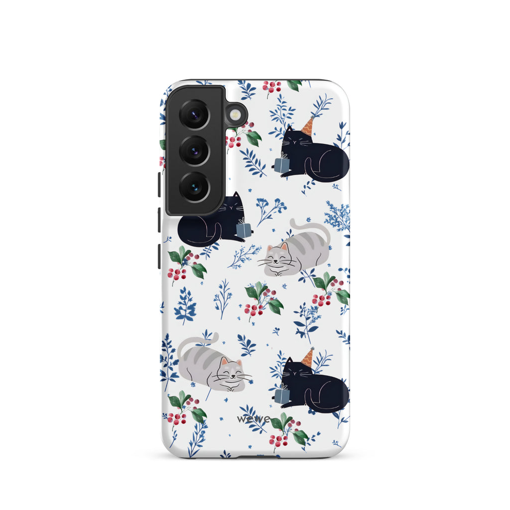 Custom samsung galaxy s22 Phone case with a cute pattern of black and gray cats wearing party hats, cherries, and floral sprigs on a white background.