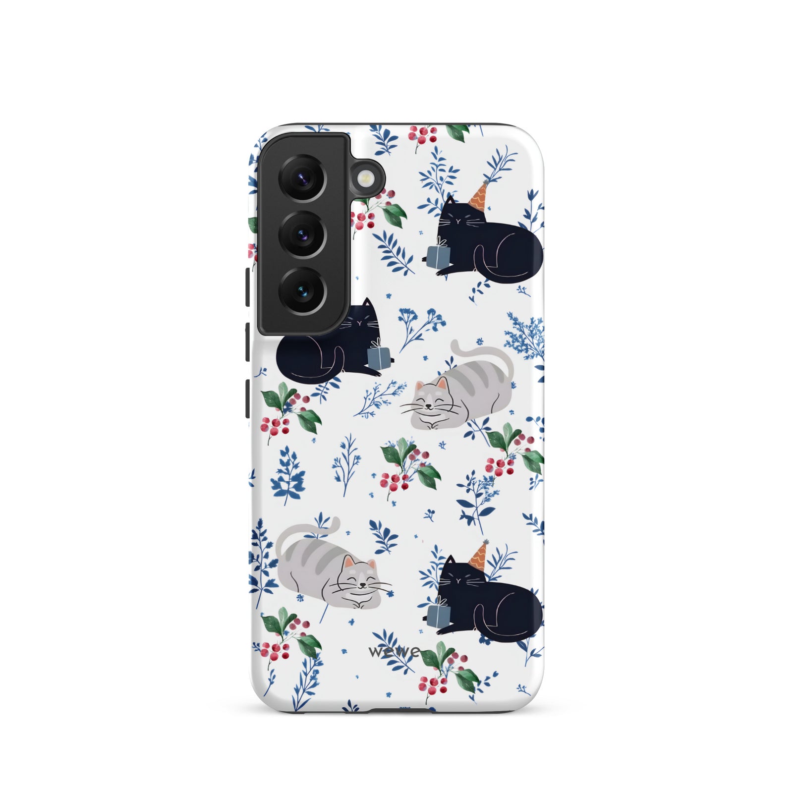 Custom samsung galaxy s22 Phone case with a cute pattern of black and gray cats wearing party hats, cherries, and floral sprigs on a white background.