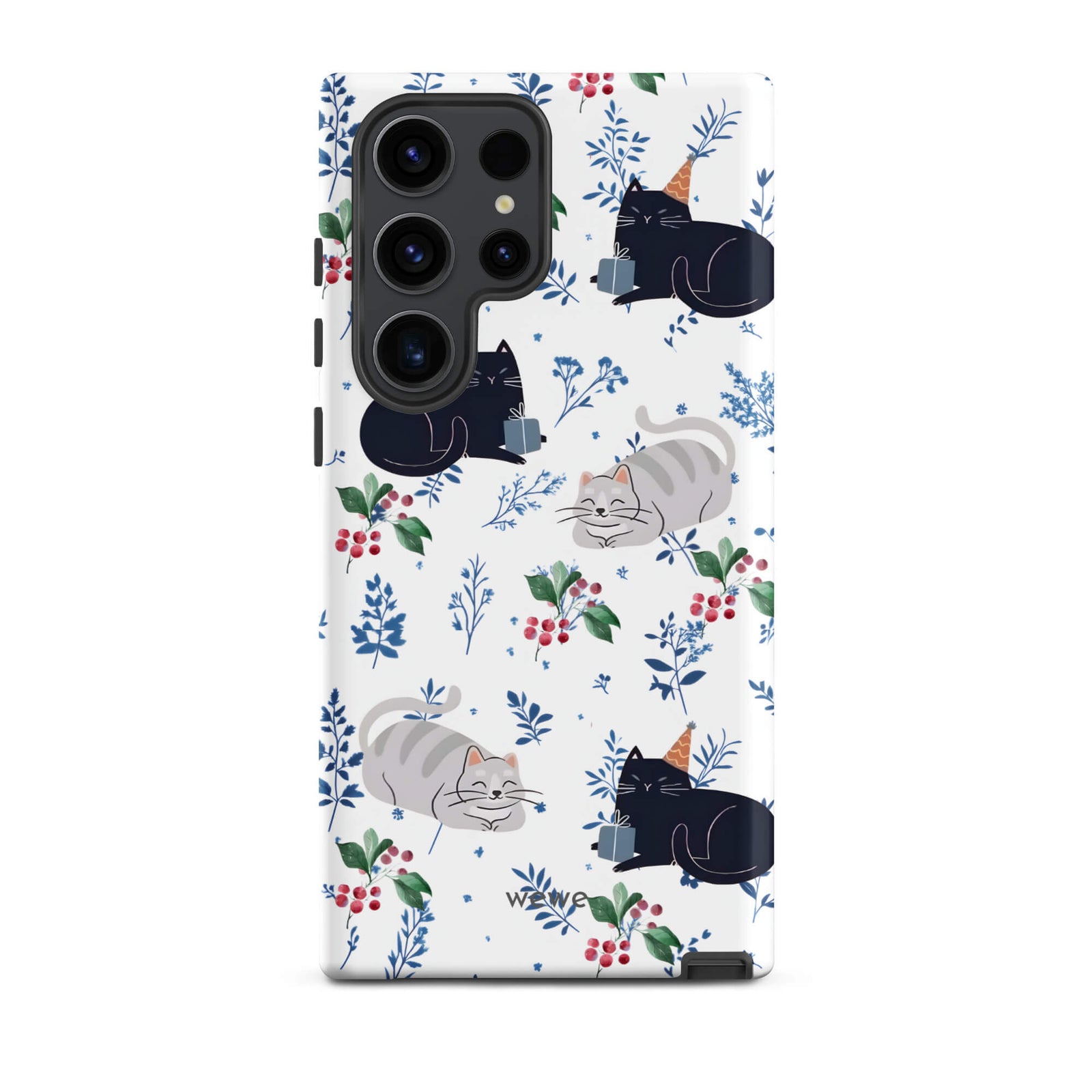 Custom samsung galaxy s23 ultra Phone case with a cute pattern of black and gray cats wearing party hats, cherries, and floral sprigs on a white background.