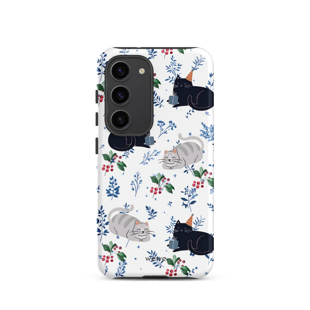 Custom samsung galaxy s23 Phone case with a cute pattern of black and gray cats wearing party hats, cherries, and floral sprigs on a white background.