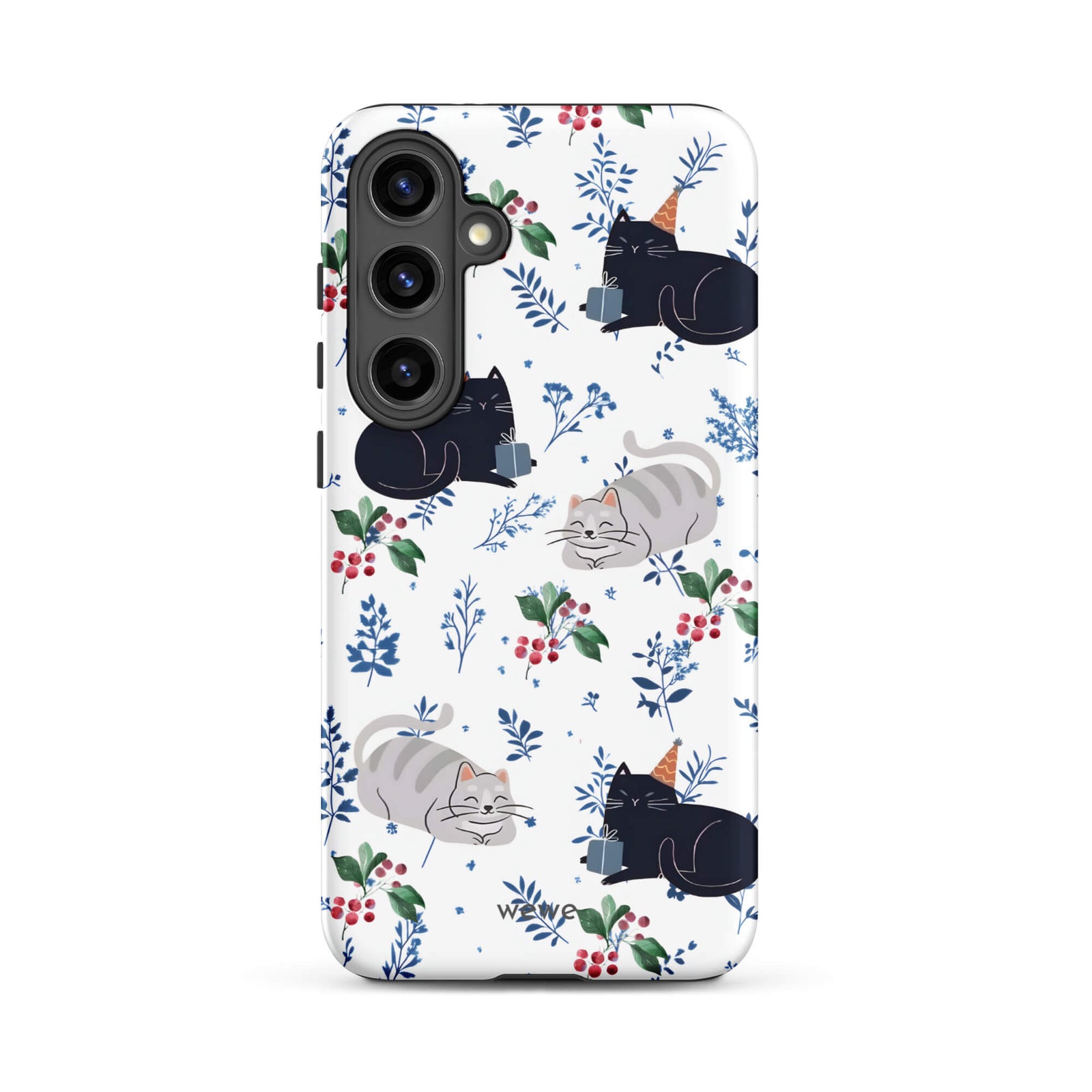 Custom samsung galaxy s24 ultra Phone case with a cute pattern of black and gray cats wearing party hats, cherries, and floral sprigs on a white background.