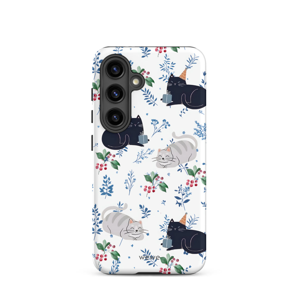 Custom samsung galaxy s24 Phone case with a cute pattern of black and gray cats wearing party hats, cherries, and floral sprigs on a white background.