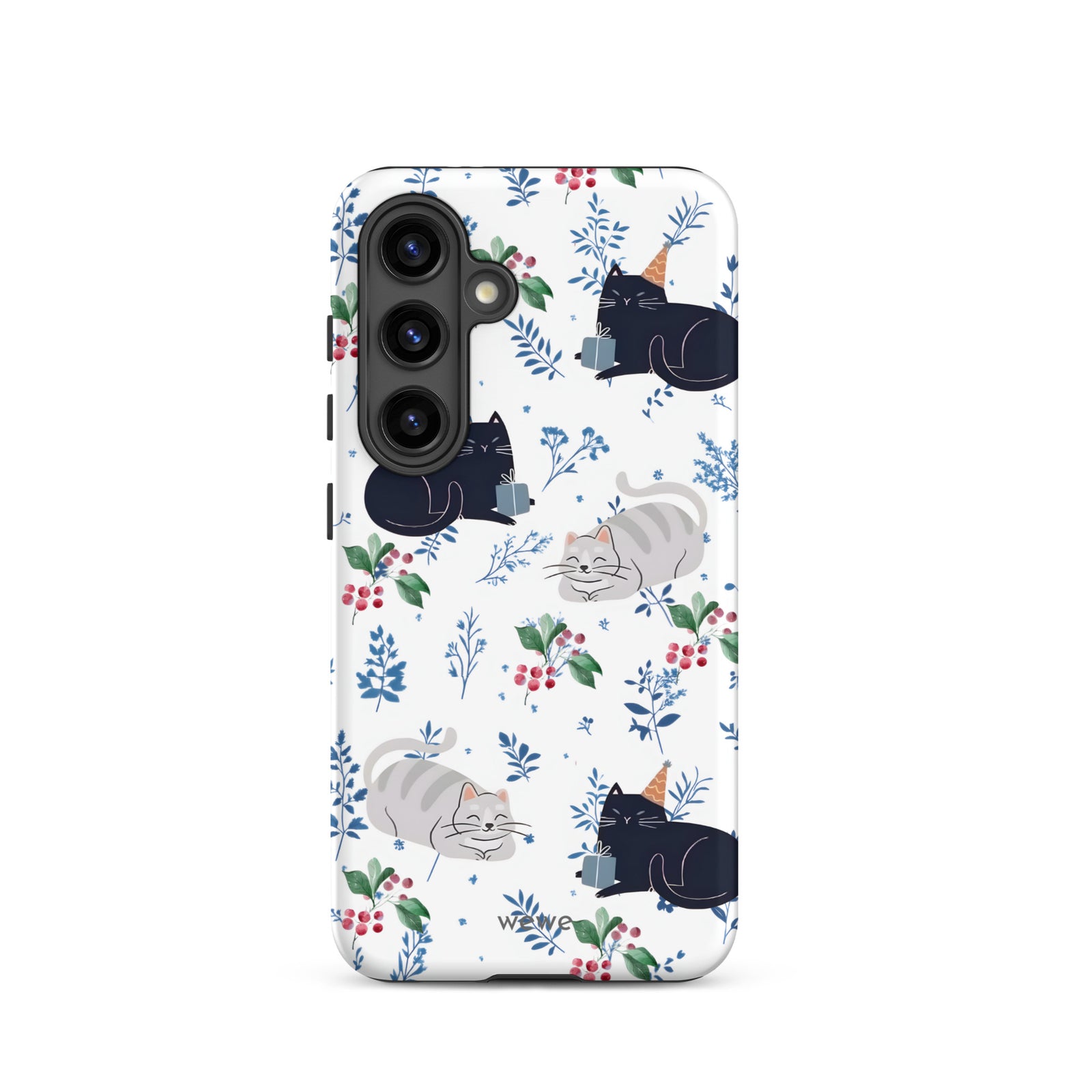 Custom samsung galaxy s24 Phone case with a cute pattern of black and gray cats wearing party hats, cherries, and floral sprigs on a white background.